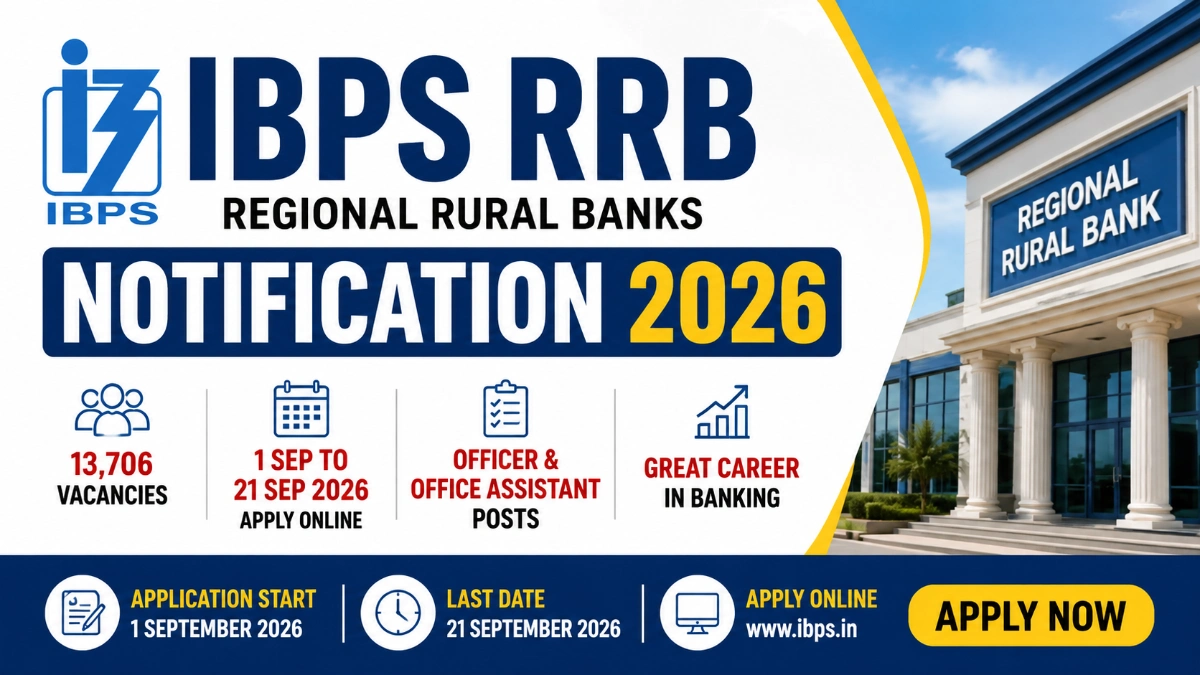 IBPS RRB PO Notification 2026 feature image showing 13,706 vacancies for Office Assistant and Officer Scale posts